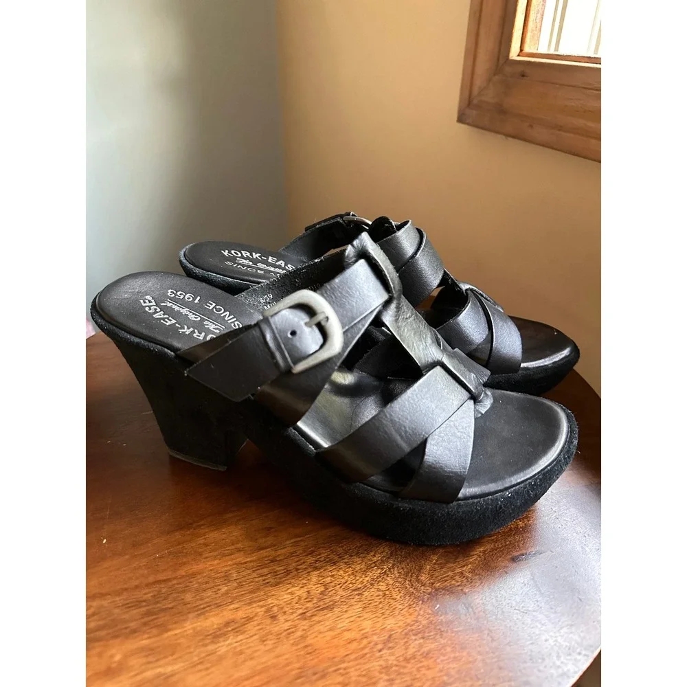 Kork-Ease Black Leather Strappy Platform Block Heel Sandals K3063 Size 8/39